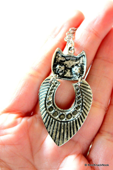 Tribal Antique silver tone Owl Pendant Necklace